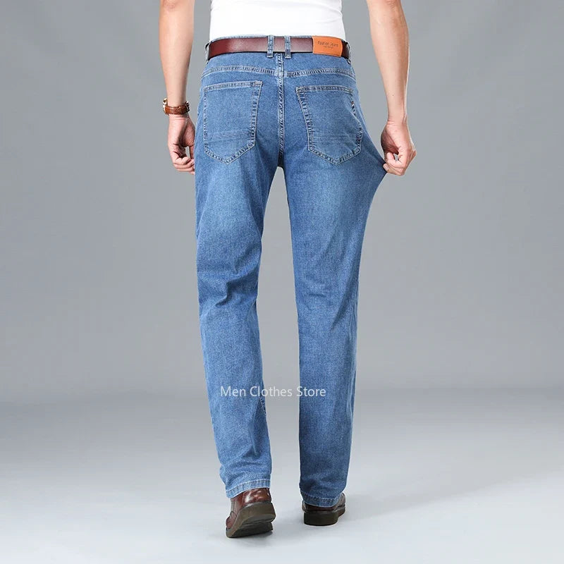 2024 Brand Thin or Thick Material Men's Elastic Cotton Jeans Fashion Gray Comfortable Denim Business Casual High Waist Pants