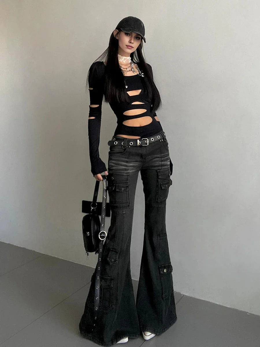Acubi Fashion Black Flare Jeans Retro Whiskers Skinny Stretch Low Rise Pockets Cargo Pants Women Grunge Alt Streetwear