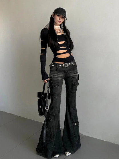 Acubi Fashion Black Flare Jeans Retro Whiskers Skinny Stretch Low Rise Pockets Cargo Pants Women Grunge Alt Streetwear
