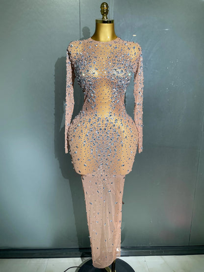 Sexy Shinny Rhinestone Stretch Mesh Transparent Long Dress 2025New Women Evening Birthday Party Prom Nightclub Singer Stage Wear