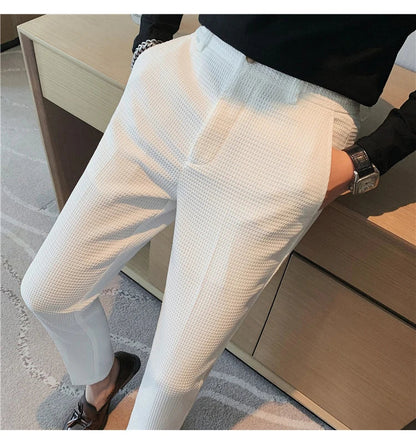 2024 Autumn New Waffle Stretch Waist Business Formal Pants Men Fashion Wedding Slim Trouser Mens Brand Social Party Suit Pants