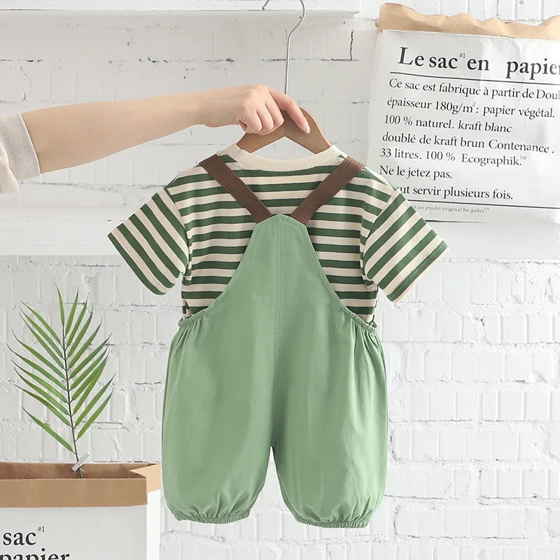New Kids Baby Boys Girls Clothes For Summer Children Cartoon Striped T-Shirt Bib Pants 2Pcs/Set Toddler Fashion Tracksuits