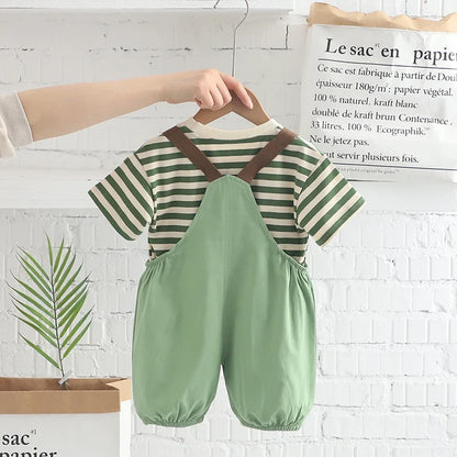 New Kids Baby Boys Girls Clothes For Summer Children Cartoon Striped T-Shirt Bib Pants 2Pcs/Set Toddler Fashion Tracksuits