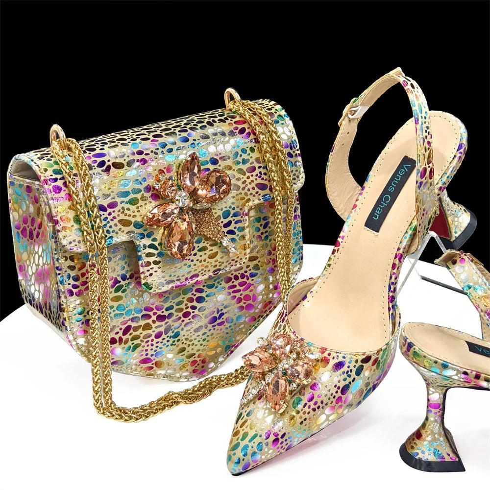 Elegant Rhinestone Heels & Matching Bag Set, Colorful Print Pointed Toe Block Heels for Banquet Club Night