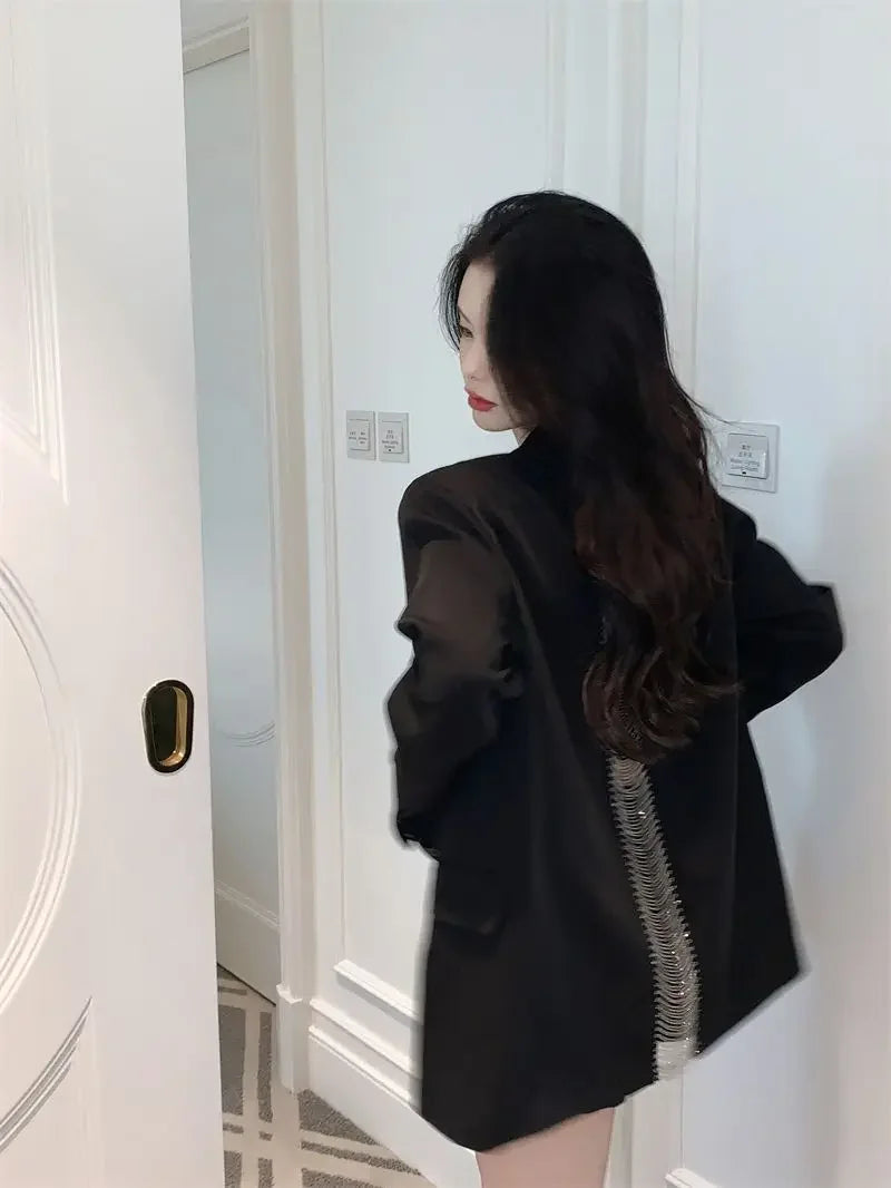 Premium Black Blazer for Women Spring Autumn New Arrival Sexy Backless Chain Accent Oversized Single Button Chic Feminine Design