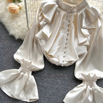 High Quality Satin Loose Shirt Long Flared Sleeves Ruffles O Neck Beading  Women Gentle Office Lady Casual Blouse