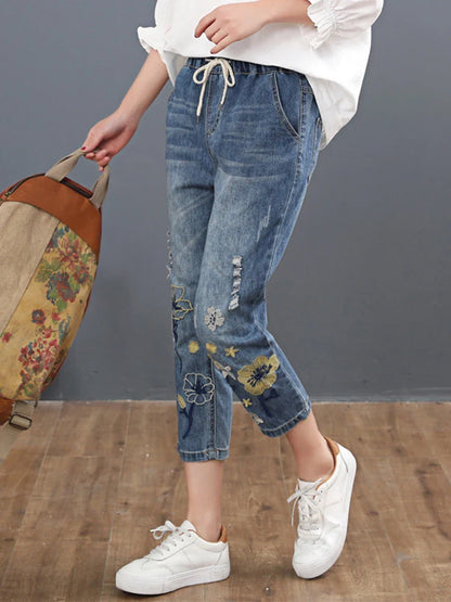 Chinese Summer Fashion Style Ladies Vintage Embroidery Jeans Womens Casual Floral Denim Trousers Ripped Harem Pants