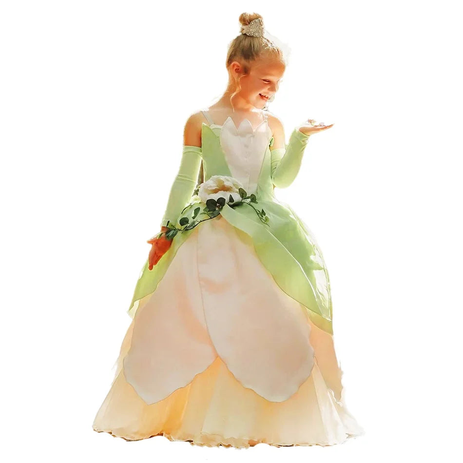 Tiana Cosplay Costume for Girls Fancy Princess Cosplay The Frog Dress Carnival Birthday Party Kids Frock Ball Gowns Clothes