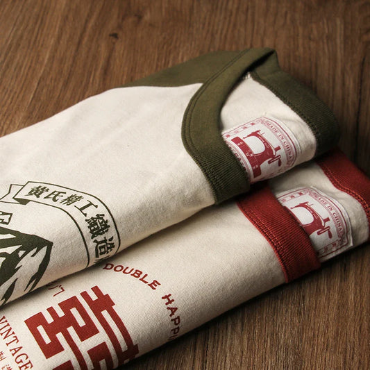 2024 Summer New Stitching Raglan Sleeve Man Retro Tshirt Women Casual Chinese Printing T-shirts Student Green Red Tee