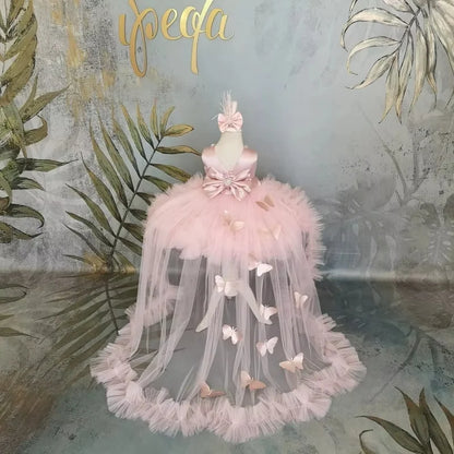 Puffy Girl Dress Pink Baby Dress with Train Flower Girl Dress Bow Cute Kid's Child Birthday Dresses Frist Communion