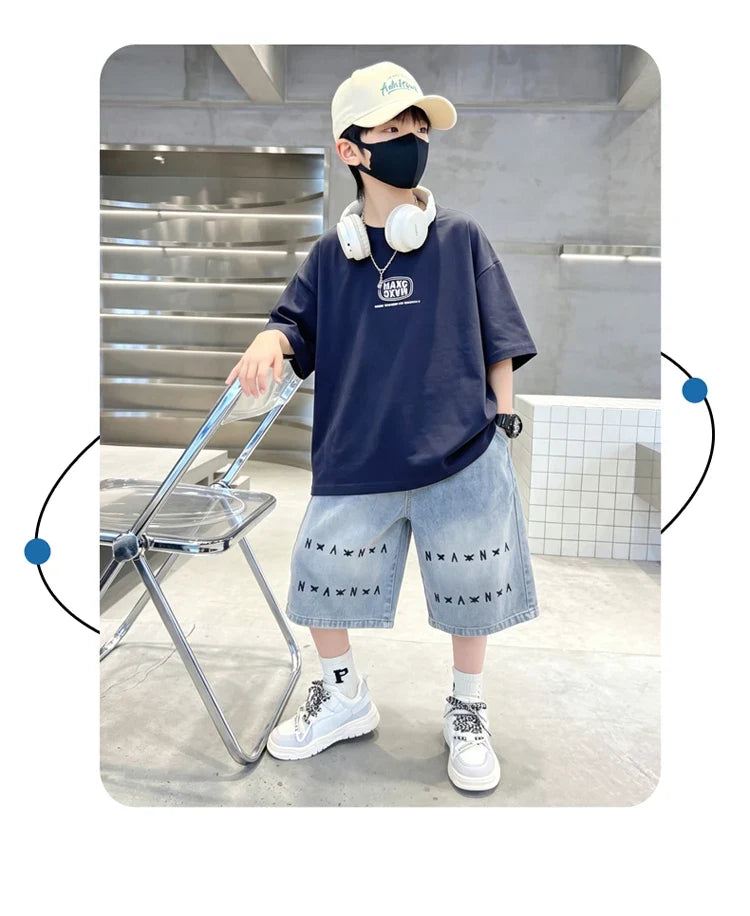6-16 Year Children Short Sleeve Top And Bottom Clothing Set for Tween Boys Casual Streetwear Outfit Kids New Summer Clothes Suit