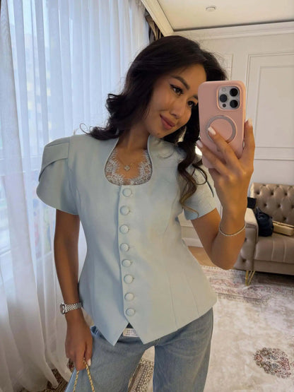 Women 2026 Spring Summer Lace Detail Blouse Stand Collar Puff Short Sleeve Fitted Waist Button Front Elegant Office Blazer