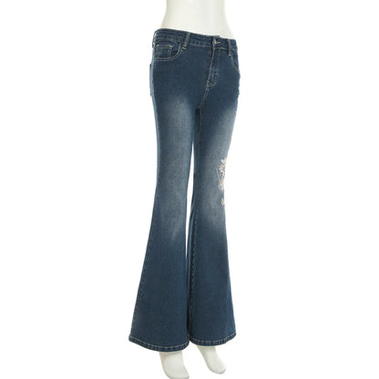 Retro Y2k Jeans Baggy Floral Embroidery Jeans Women Vintage 2000s Low Rise Flared Denim Pants High Street Basic Trousers