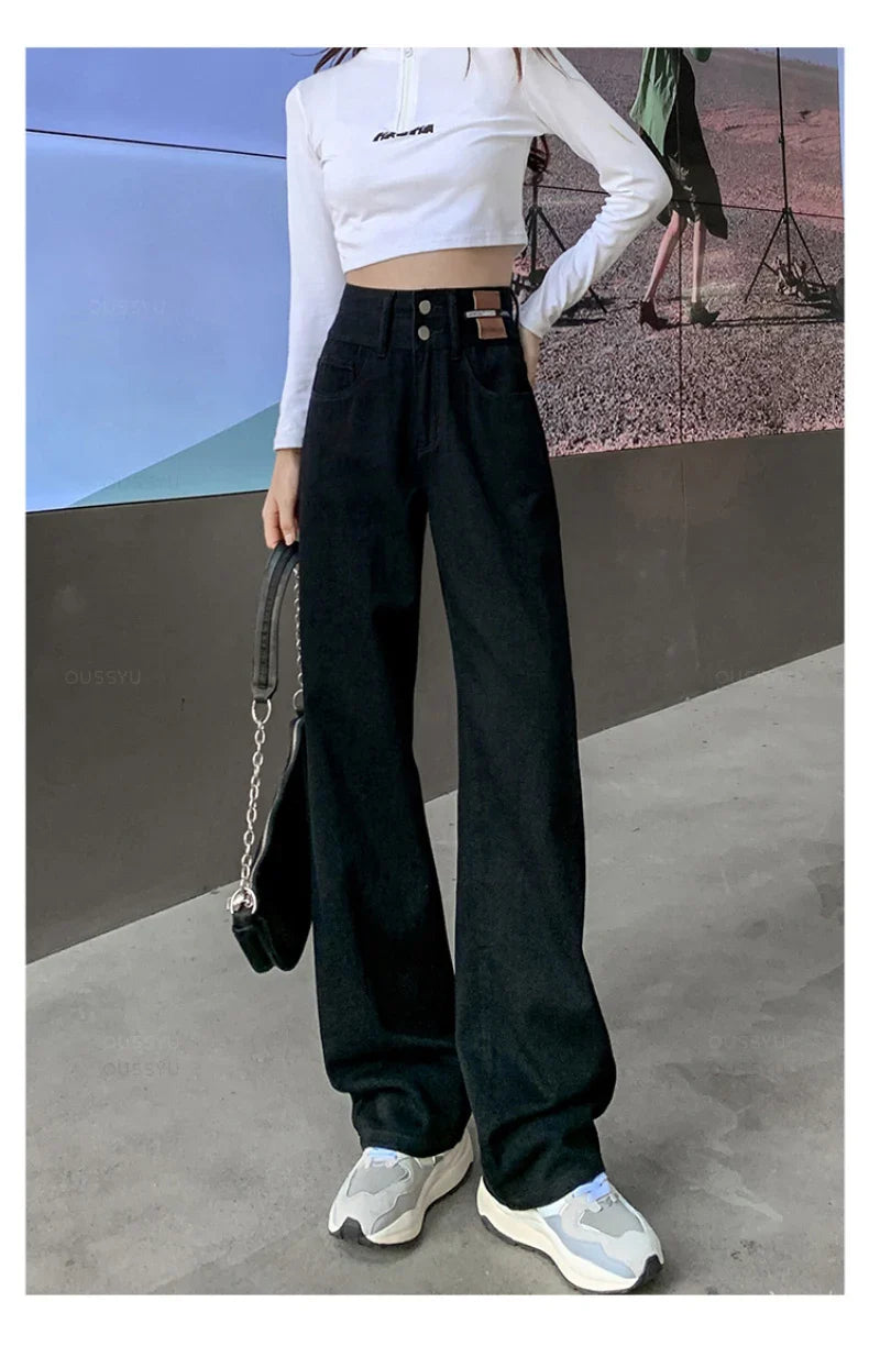Y2K Woman Jeans High Waist Wide Leg Cotton Denim Clothing Blue White Streetwear Vintage Fashion Harajuku Straight Pants