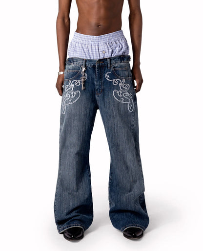 Y2k Blue Opening Bootcut Jeans Vintage Washed Embroidery Men Women Pants Harajuku High Street Streetwear Unisex Casual Jeans