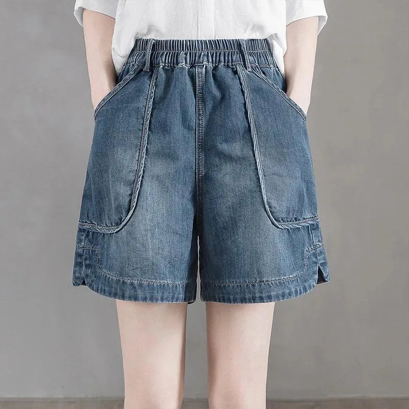 Women's High Waist Elastic Waist Wide Leg Denim Shorts