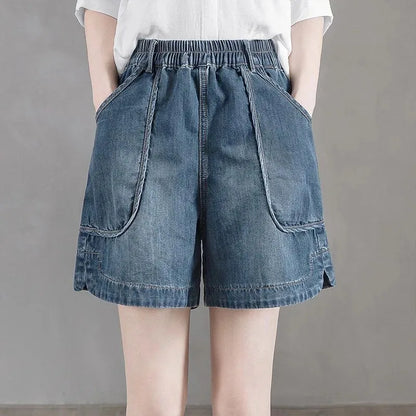 Women's High Waist Elastic Waist Wide Leg Denim Shorts