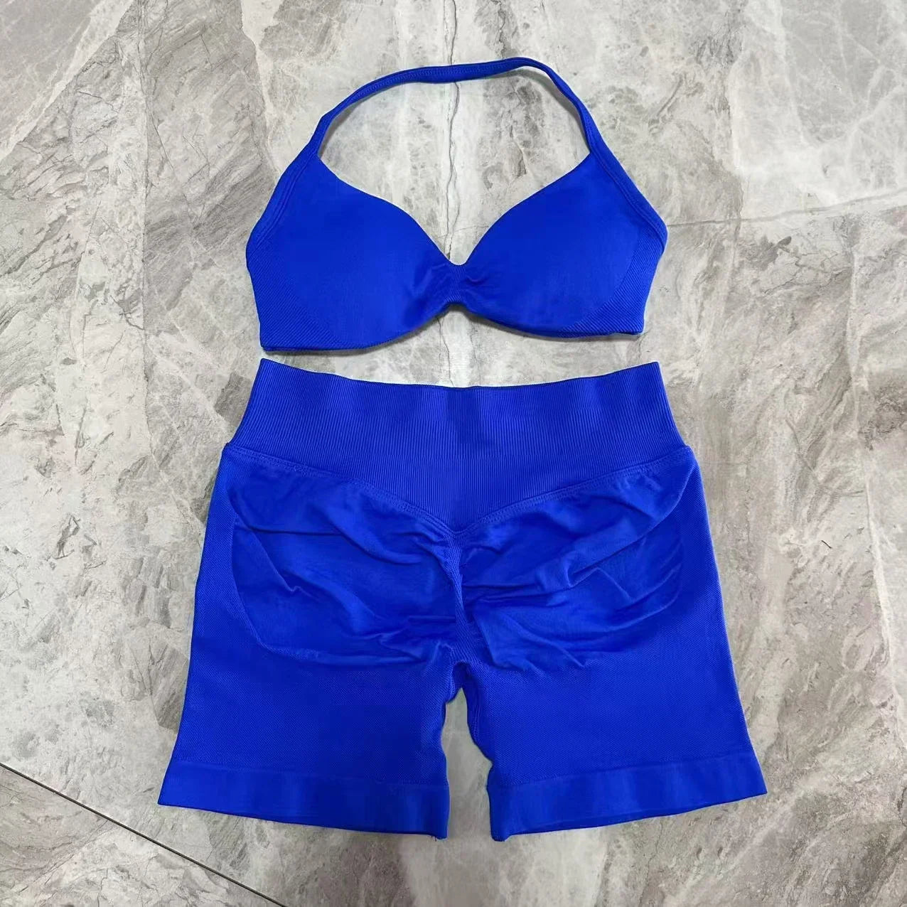Impact Womens 2 Piece Yoga Set Strappy Seamless Sports Bra and High Waist Scrunch Shorts for Gym Workout and Fitness Training