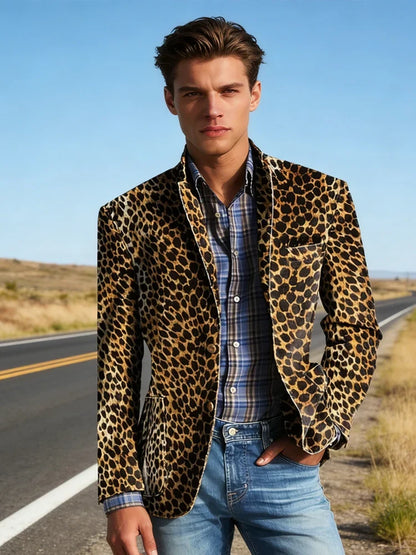 Men's Leopard Print Velvet Blazer Classic Fit Stylish Long Sleeve Notched Lapel Suit Jacket for Nightclub Wedding Streetwear