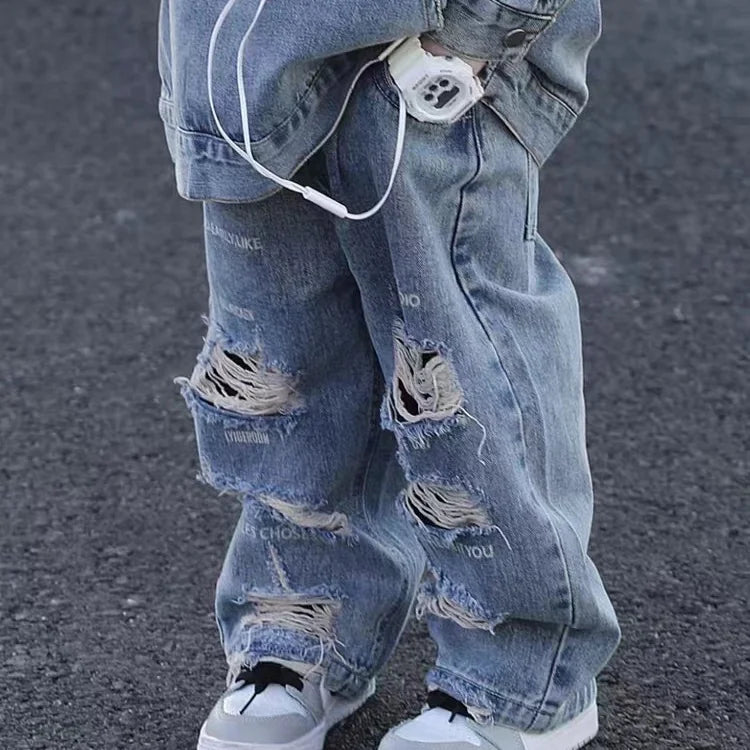 Children's Clothing Boy Denim Jacket Hoodies + Jeans 2 Pcs Set Autumn Spring Vintage Hole Pants Children's Hooded Pullover Top