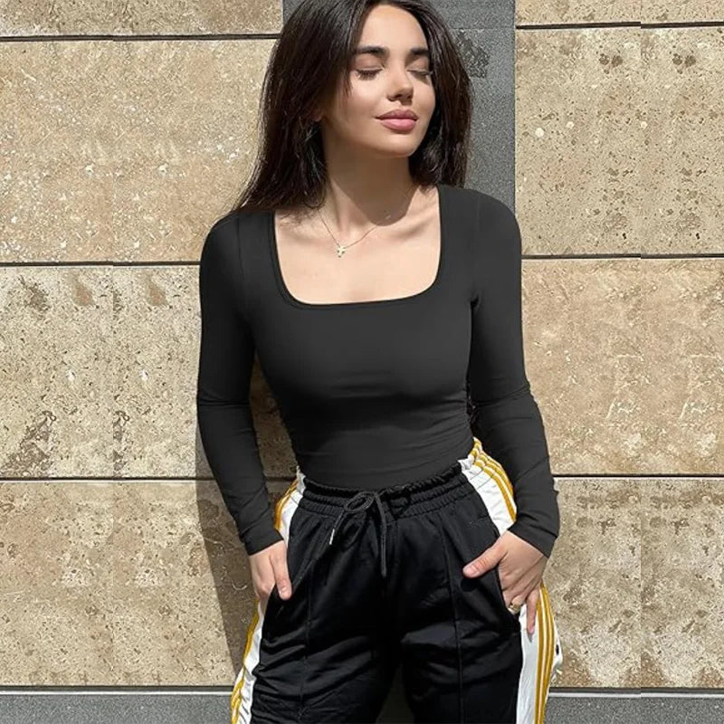 Spandex Elastic Body Suit Shapewear Women Body Shaper Tummy Control Long Sleeve Open Crotch Big U Neck Seamless Shapers