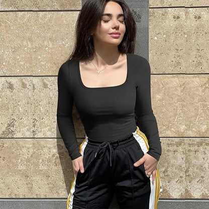 Spandex Elastic Body Suit Shapewear Women Body Shaper Tummy Control Long Sleeve Open Crotch Big U Neck Seamless Shapers