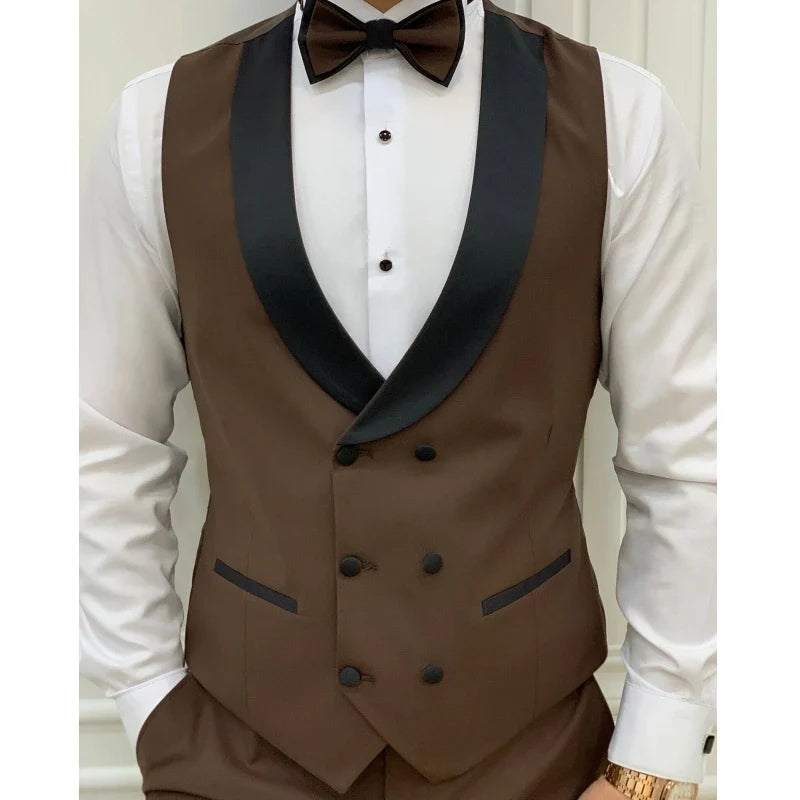 Men Vest Gray Double Button With Black Lapel Waistcoat Suit Fit Wedding Birthday Banquet Party Business Work Tuxedo Men Suit