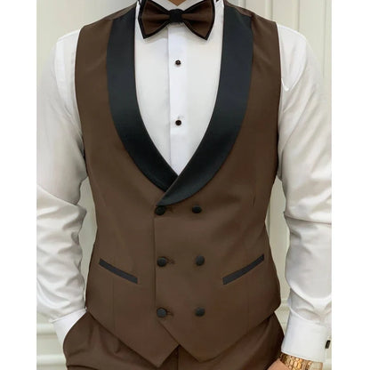 Men Vest Gray Double Button With Black Lapel Waistcoat Suit Fit Wedding Birthday Banquet Party Business Work Tuxedo Men Suit