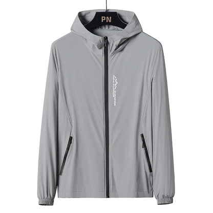 UPF50+ Men's Hooded Sunscreen Jacket Summer Ultra Thin Zipper Pocket Windbreaker Elastic Cuffs Outdoor Hiking Fishing Skin Coats