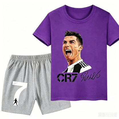 2026 Ronaldo Football Player CR7 Printed Children Clothing Casual T-shirt+Shorts 2pcs Sets Summer Kids Boys Fashion Sportsuits.