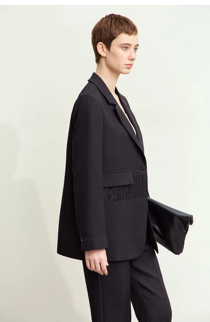Minimalism 2025 Women's Blazer Autumn New Office Lady Lace Spliced Shoulder Professional Loose Female Notched Tops 12443009