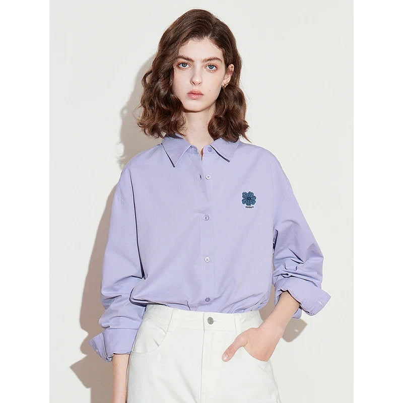Women Blouse Shirt 2025 Spring New Flower Embroidered Turn Down Collar Pure Cotton White Casual Shirt