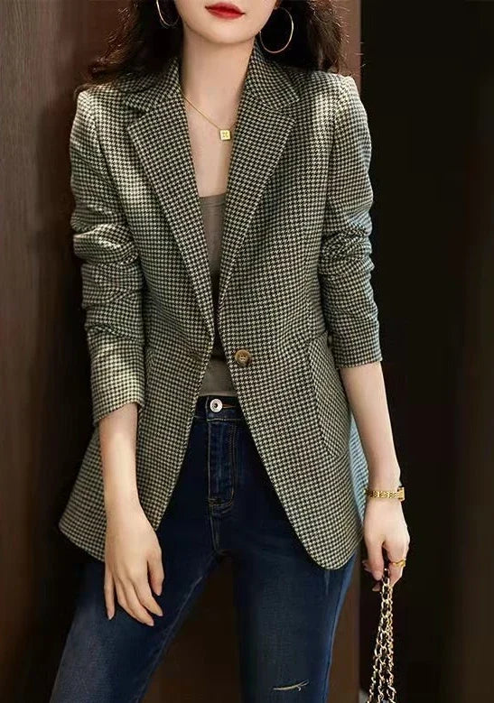 Green Jacket Coats for Women Skinny Plaid Outerwears Korean Fall Clothes  Simple Cheap Stylish in Promotion Check Blazer Woman