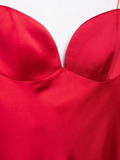 2025 Women Red V-Neck Holiday Style Satin Texture Long Dress Sleeveless Summer Women's Back Zipper Fashion Sling Dresses