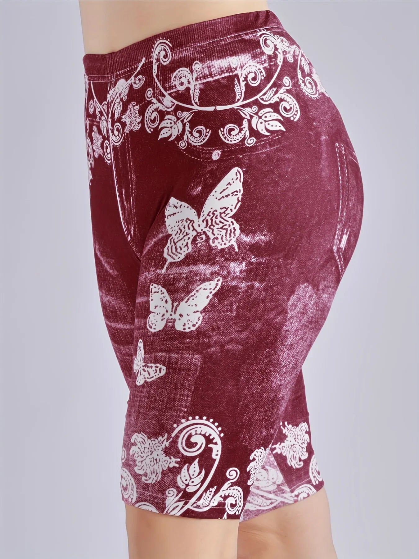 Lmitation Denim Leggings For Women Butterfly Waist Fruit Flower Elastic Shorts High Waist Casual