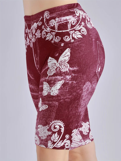 Lmitation Denim Leggings For Women Butterfly Waist Fruit Flower Elastic Shorts High Waist Casual