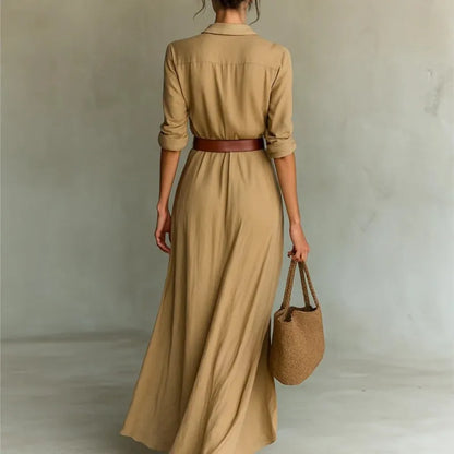 Women's Fashion Solid Holiday Party Dress Elegant Lapel Button Draped Long Dress Casual Long Sleeve Match With Belt Shirt Dress