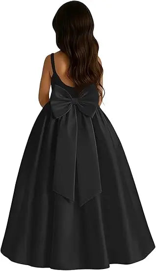 Long Ivory Satin Flower Girl Dresses for Wedding Bow Party Birthday Princess Dress Junior Bridesmaid First Holy Communion Gowns