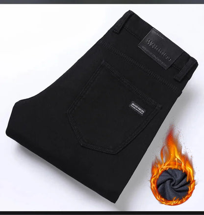 Winter Men Black Straight Stretch Denim Thick Velvet Pants Warm Jeans Casual Fleece Line Trousers Male Plus Size