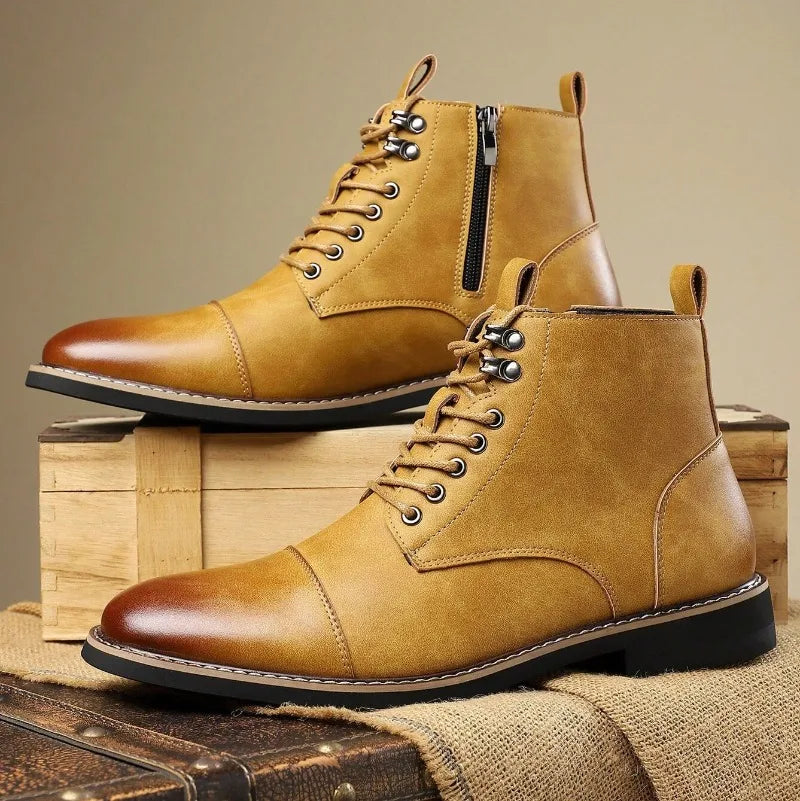 Brand Men High-top Leather Boots Classic Chelsea Boots Lace Up Pointe End Ankle Boot Men's Business Dress Boots Botas Masculinas