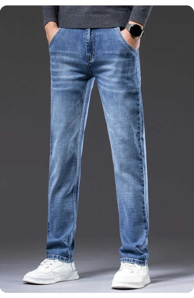 2026 Regular Fit Jeans Classic Style  Spring Summer New Men's Light Blue Stretch Denim Fabric Pants Male Brand