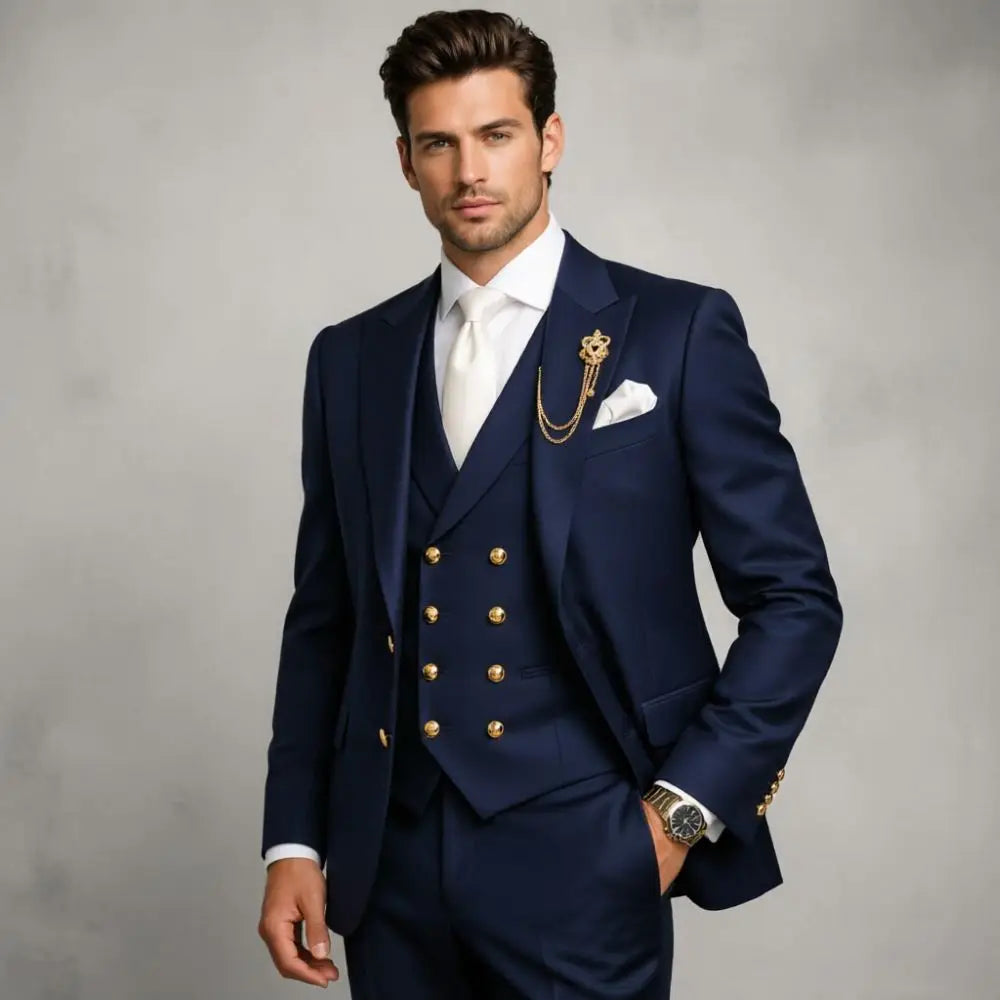 Mens White 3 Pieces Slim Fit Wedding Tuxedo Gold Buttons Peak Lapel Vest Formal Blazer Pants Groom Prom Office Evening Wear
