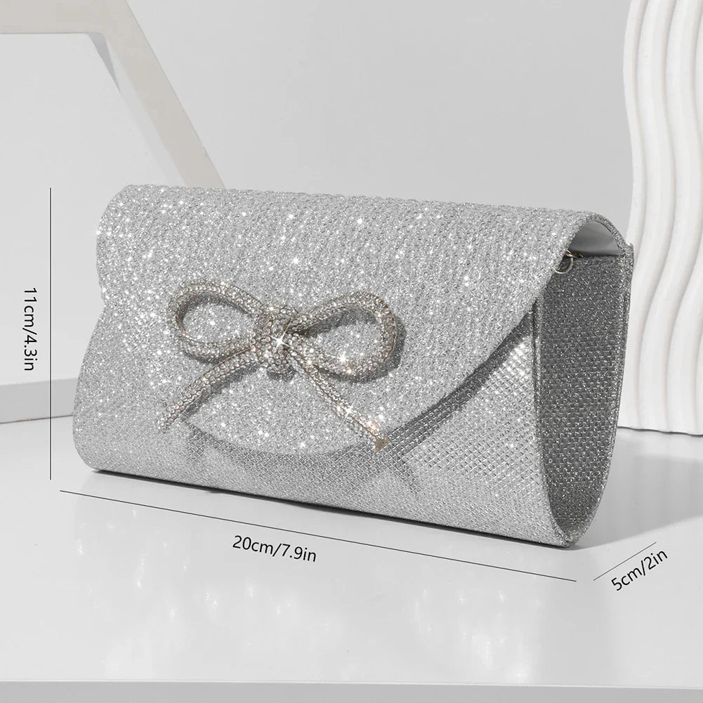 Women Elegant Evening Handbag Shiny Crystal Bow Flap Clutch Purse Envelope Dinner Evening Clutch Bags Wedding Party Prom Purse