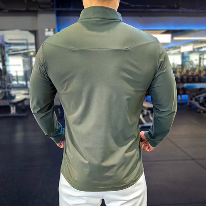 Stand-up Collar Sports Long-sleeved Men Autumn Outdoor Running Gym Fitness Training Clothes Elastic Quick-drying Breathable Top