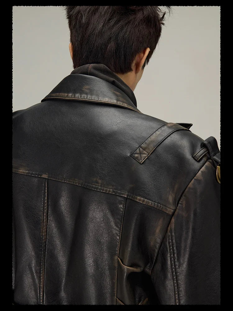 Spring Autumn Long  Distressed Black Pu Leather Trench Coat Men Belt Double Breasted Luxury European Fashion 2023