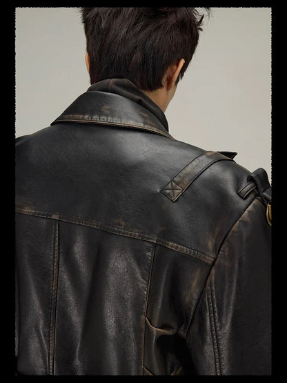 Spring Autumn Long  Distressed Black Pu Leather Trench Coat Men Belt Double Breasted Luxury European Fashion 2023
