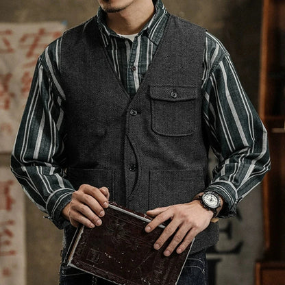 Men Vest Coffee Herringbone Single Button Pocket Waistcoat For Wedding Business Casual Formal Daily Office Work Men Suit Vest