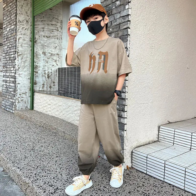 Summer Boys Leisure Gradient T-Shirt Top+Loose Sweatpant Workout Set School Kids 2PCS Tracksuit Children Vacation Outfit 5-16 Yr