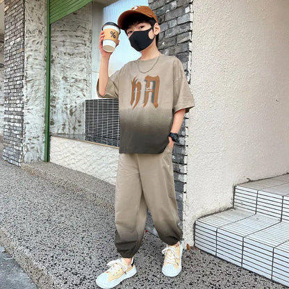 Summer Boys Leisure Gradient T-Shirt Top+Loose Sweatpant Workout Set School Kids 2PCS Tracksuit Children Vacation Outfit 5-16 Yr