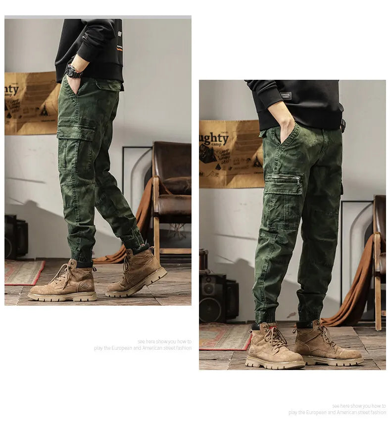 Length Men's Cargo Pant Cotton Stretch Casual Camouflage Trouser Male Camo Cuff Jogger Multi Zip Pocket Outfit Zipper Tied